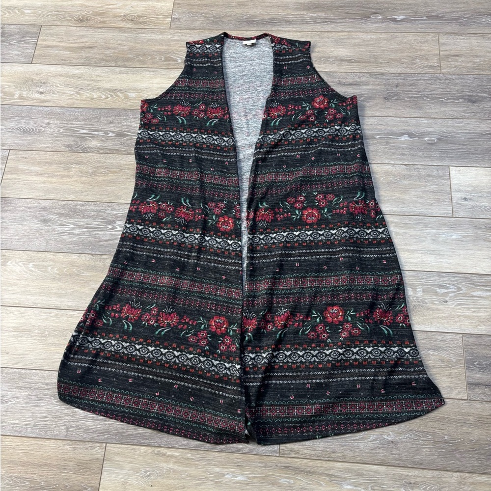 LuLaRoe Joy Duster Vest Sz L Floral Bloomcore Open Boho Hippie Peasant Western
